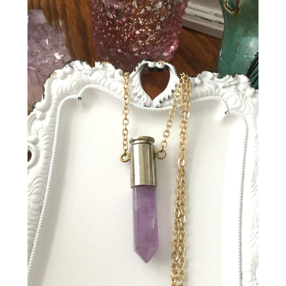 New Natural Purple Amethyst Crystal Point Bullet Style Pendant w/ Goldtone Chain - Picture 4 of 5